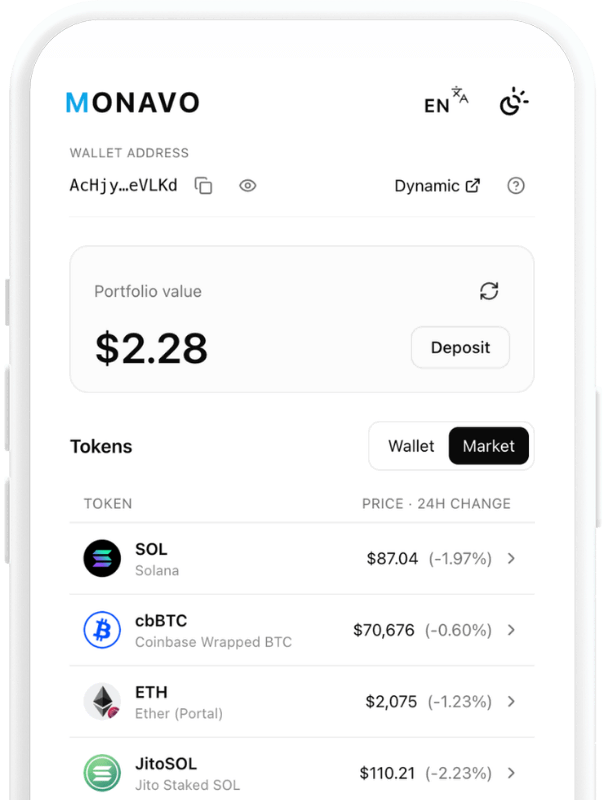 Monavo crypto swap app interface on a smartphone
